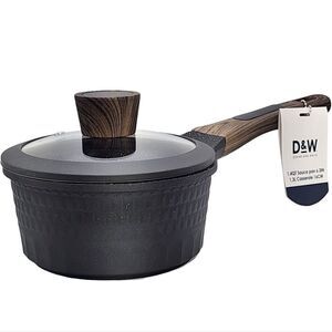 D&W Premium Cookware 6.3in Saucepan Casserole with Lid Charcoal Aluminum 1.4QT‎
